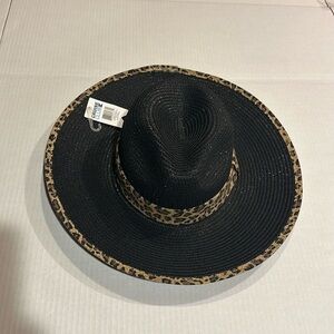 NWT Cruise Club leopard trim hat in black brown and tan 100% paper straw